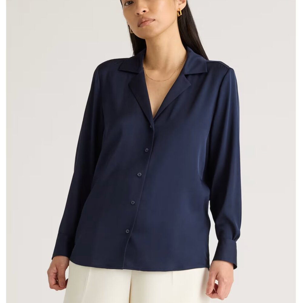 Navy Silk Collar Blouse - Quince - Size S